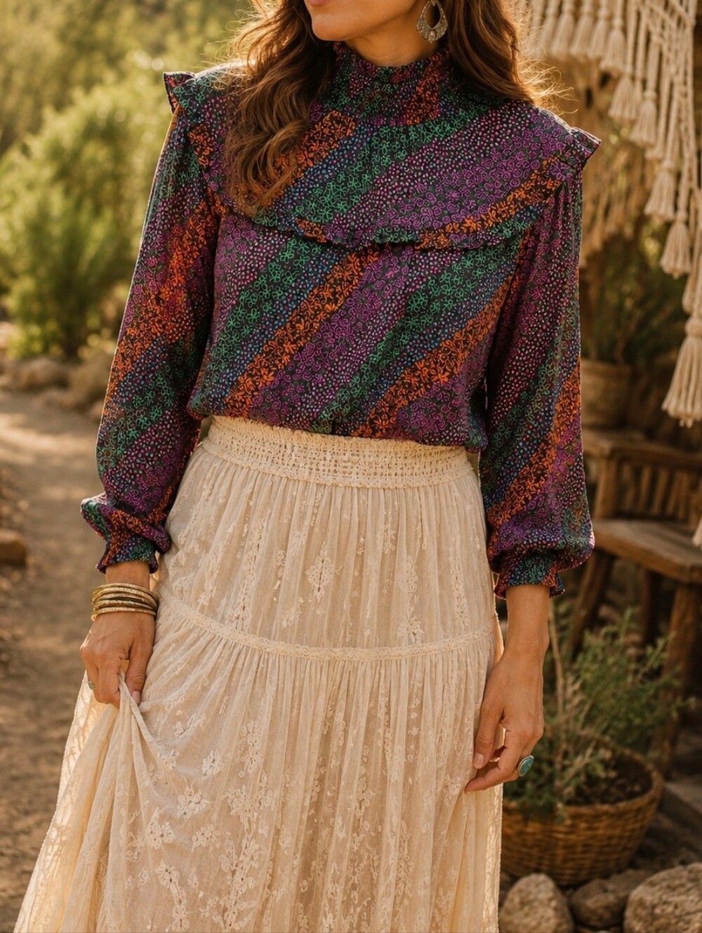 NWT FRNCH Paris Purple Green Orange Floral Stripe Ruffle Mock Neck Blouse Boho